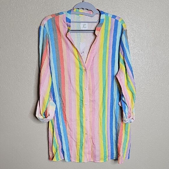NWT GAP Linen Blend Rainbow Striped Shirt Long Sleeve Button Up Maternity Medium - Picture 2 of 10